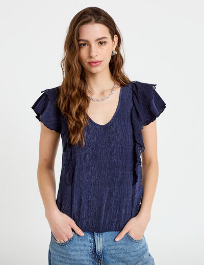 Blouse col v manches courtes dentelle bleu marine femme