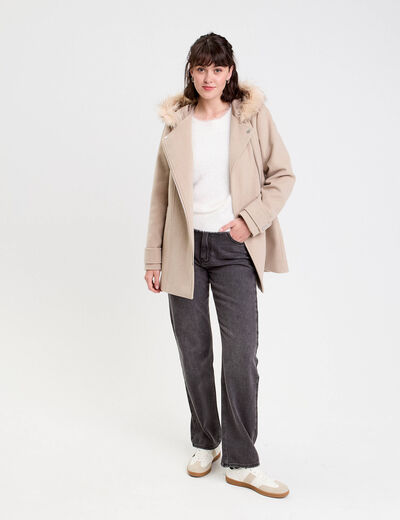 Manteau droit avec capuche beige femme