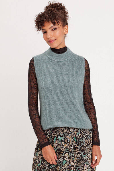 Pull sans manches col roulé vert foncé femme
