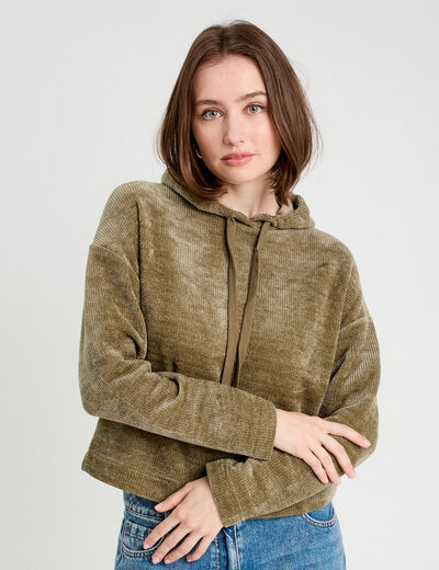 Sweat &agrave; capuche vert kaki femme