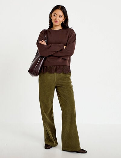 Pantalon bootcut taille standard velours vert kaki femme
