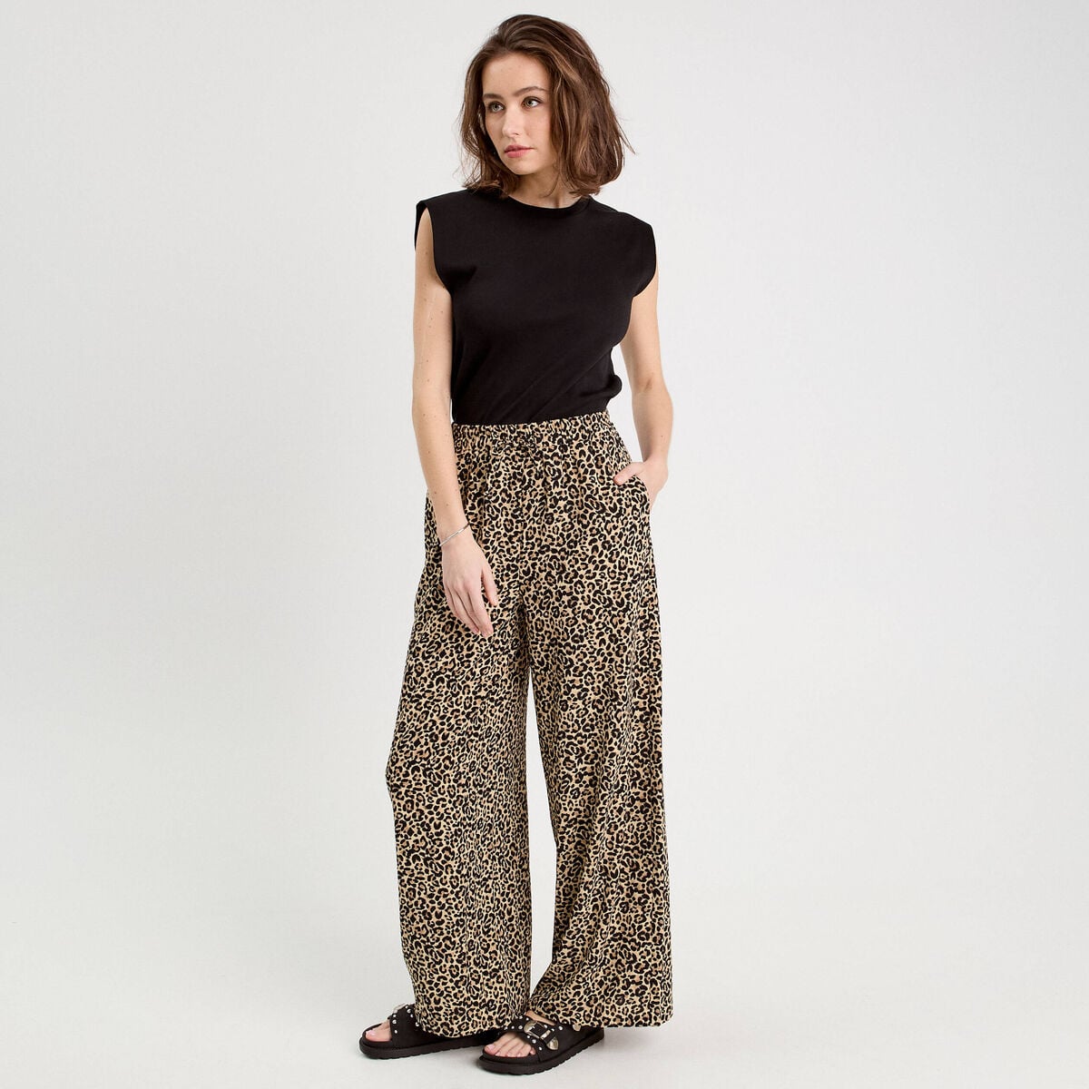 Pantalon large fluide beige femme