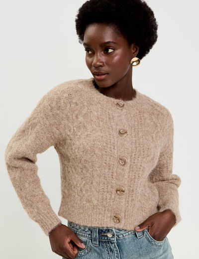 Gilet torsad&eacute; col rond beige femme