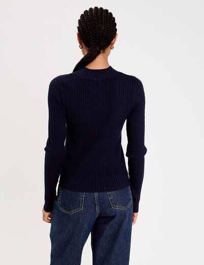 Pull col montant torsades bleu marine femme