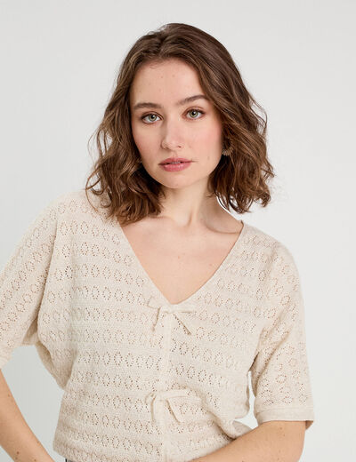 Pull ajouré manches 3/4 ecru femme