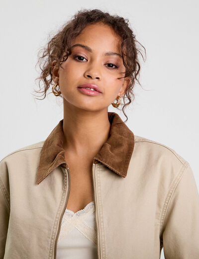 Veste zippée col effet velours beige fonce femme