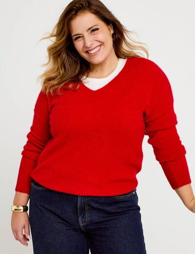 Pull avec col en V rouge femme