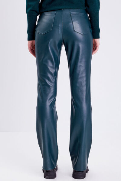 Pantalon flare simili cuir vert foncé femme