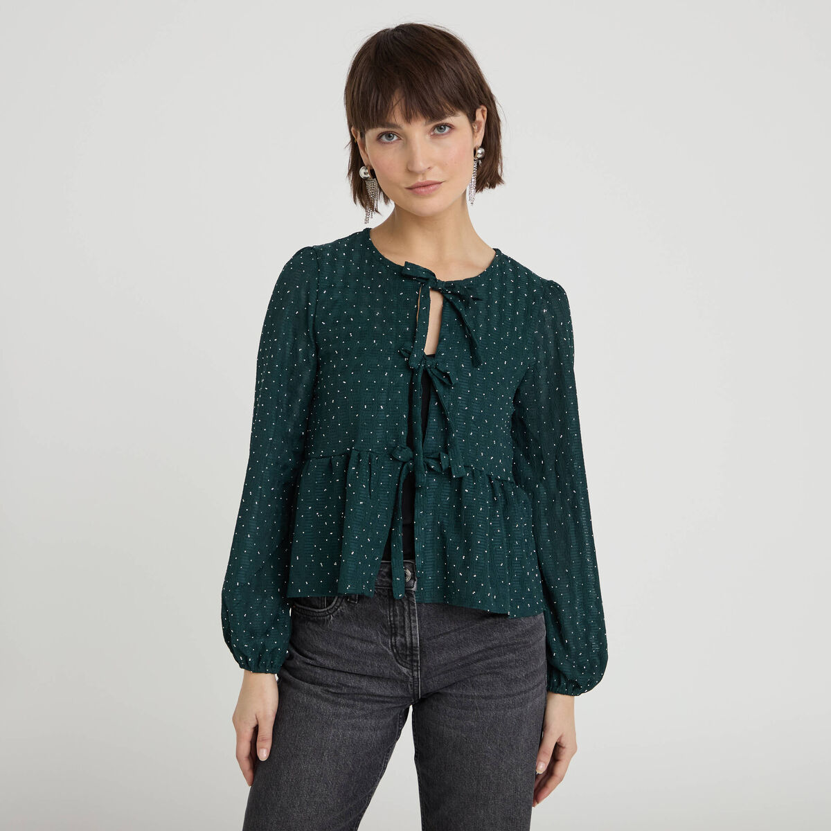 Blouse nou&eacute;e strass vert fonc&eacute; femme