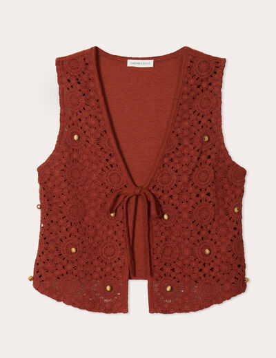 Gilet noué effet crochet marron cognac femme
