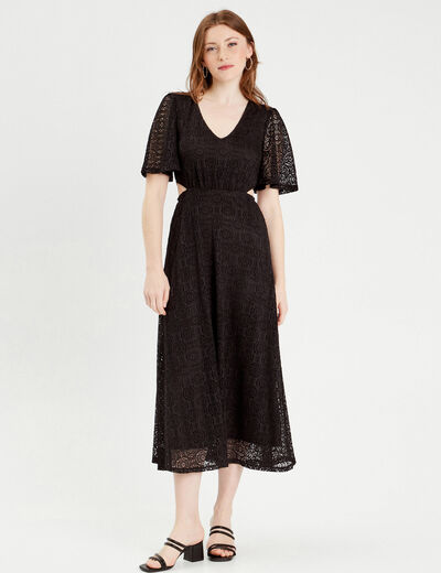 Robe longue évasée dentelle noir femme