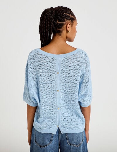 Pull ajour&eacute; col v manches courtes bleu ciel femme