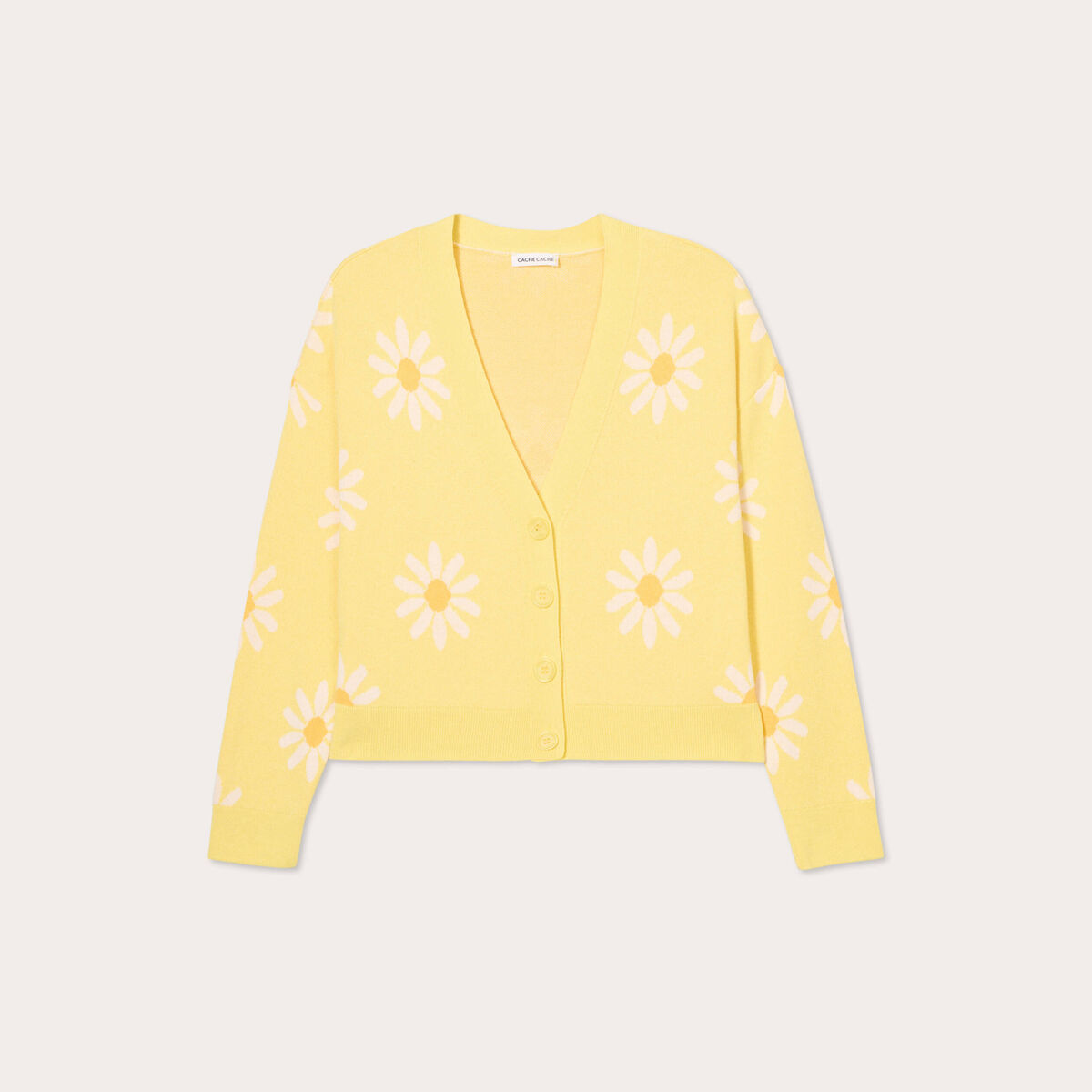 Gilet col v motif fleur jaune clair femme