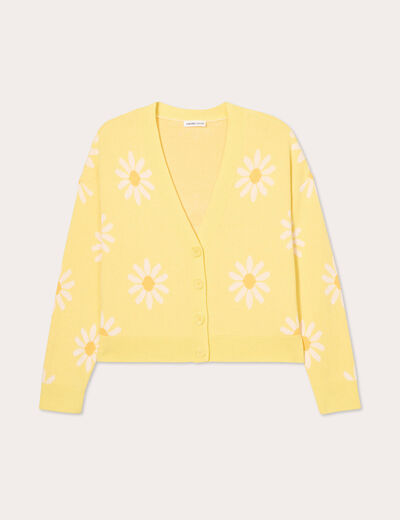 Gilet col v motif fleur jaune clair femme