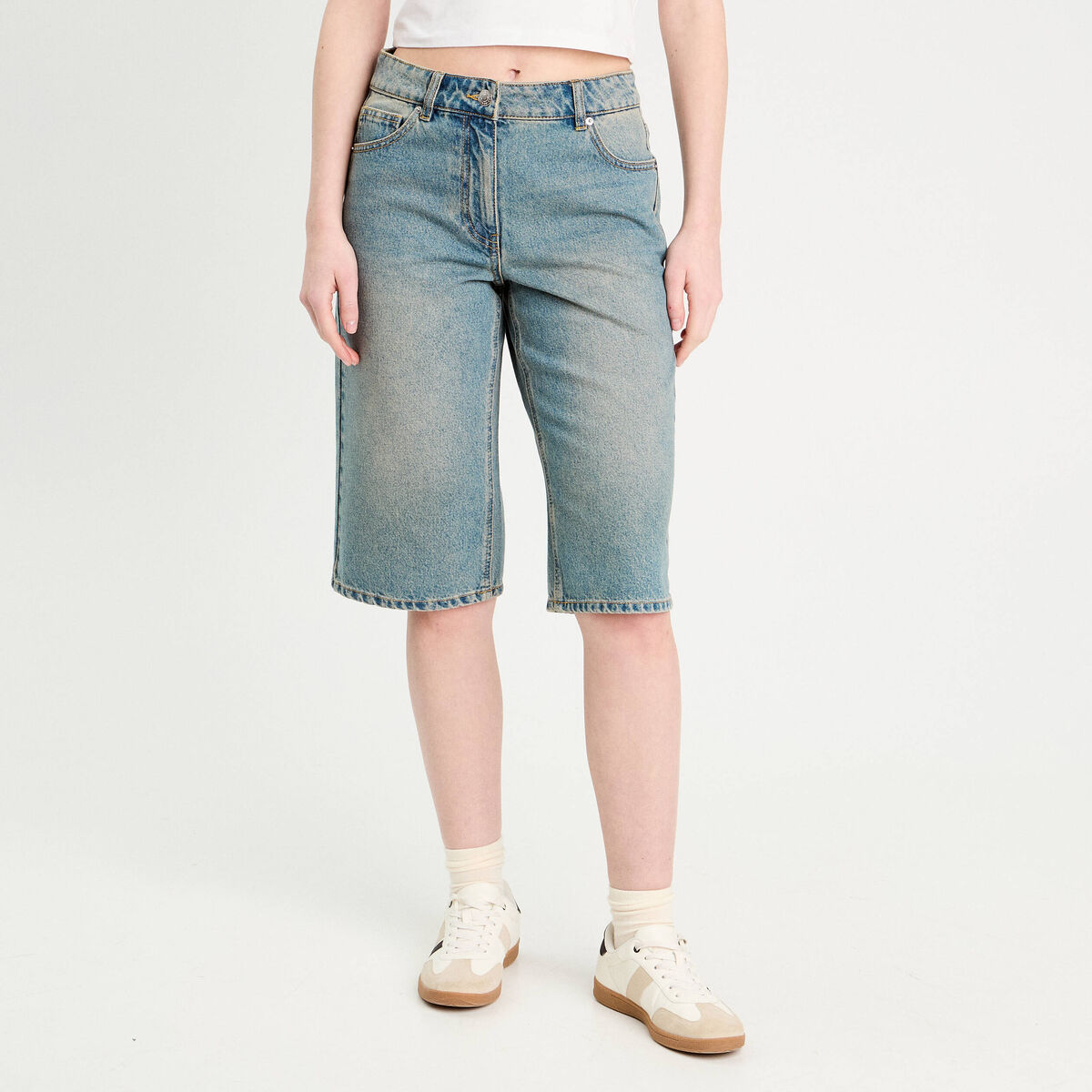 Bermuda large en jean denim double stone femme