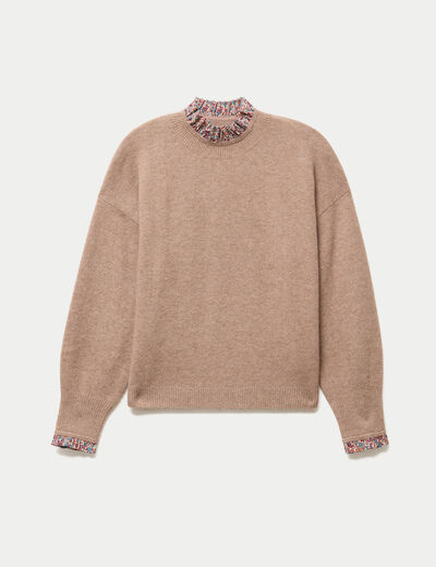 Pull col rond manches longues beige femme