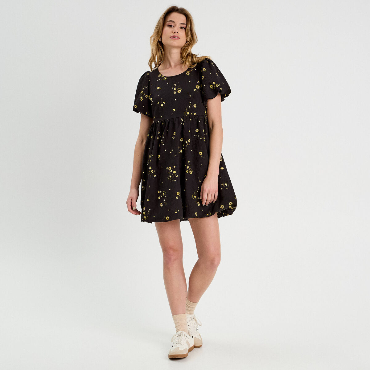 Robe évasée effet boule jaune femme