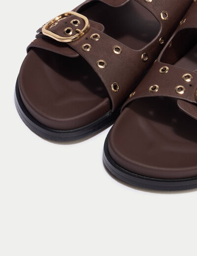 Mules d&eacute;tails clout&eacute;s marron fonc&eacute; femme