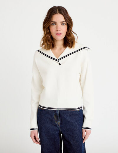 Pull col marin manches longues ecru femme