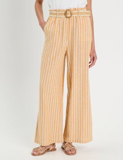 Pantalon large ceinturé contenant du lin jaune femme