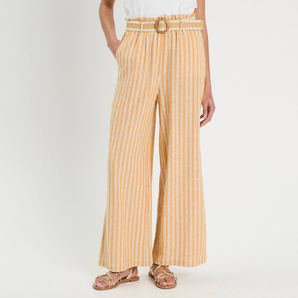 Pantalon large ceinturé contenant du lin jaune femme