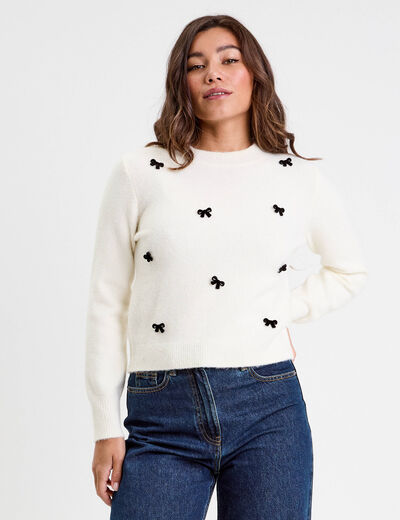 Pull manches longues noeuds ecru femme