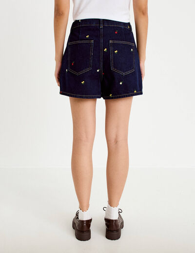 Jupe-short trap&egrave;ze en jean bleu marine femme