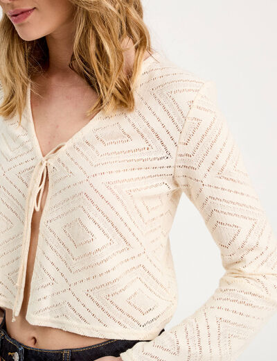 Gilet ajouré noué ecru femme