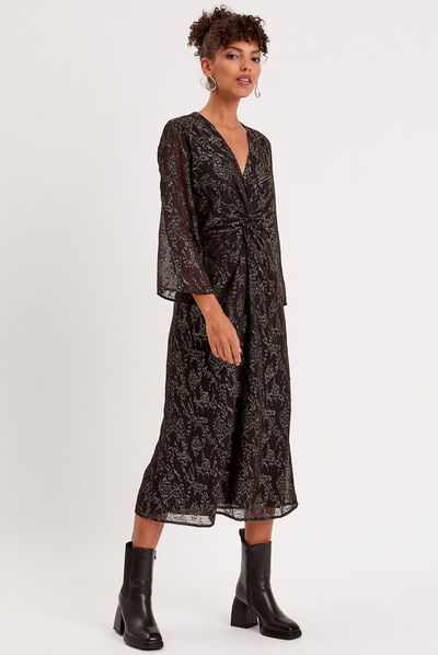 Robe longue droite effet noué noir femme