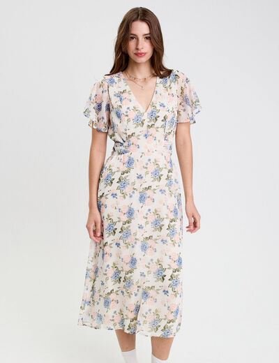Robe évasée col v manches courtes blanc femme
