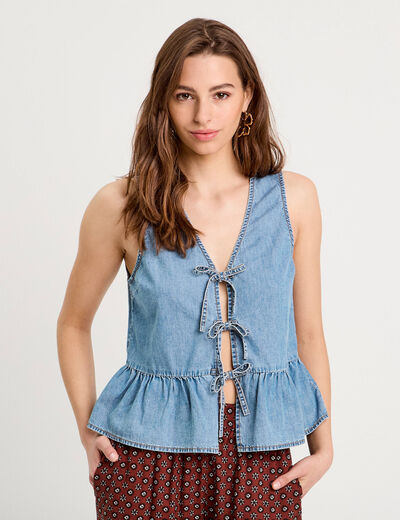 Blouse nouée en jean denim bleach femme