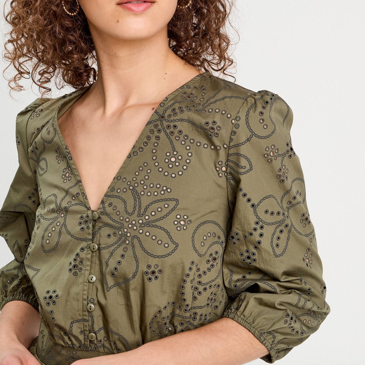 Robe évasée brodée vert kaki femme