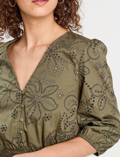 Robe évasée brodée vert kaki femme