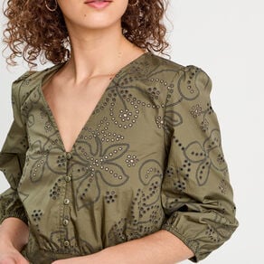 robe evasee brodee vert kaki femme Robe évasée brodée vert kaki femme