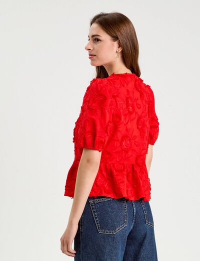 Blouse manches courtes noeuds rouge fluo femme