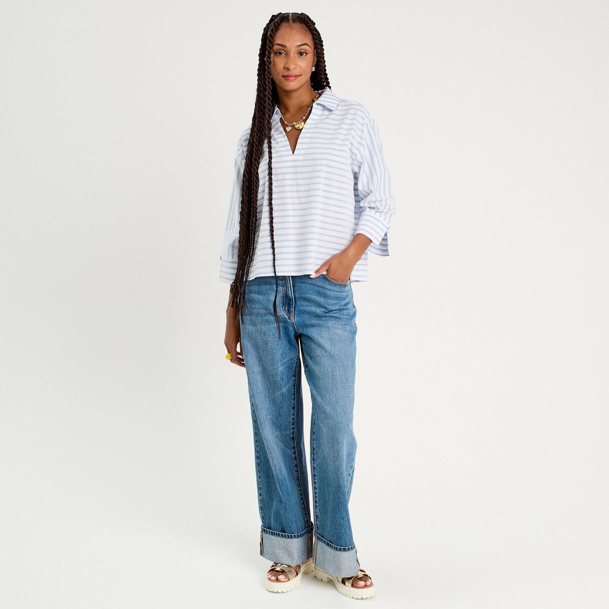 Blouse manches 3/4 bleu femme