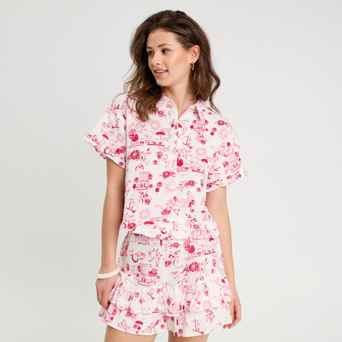 Chemise manches courtes rose fushia femme