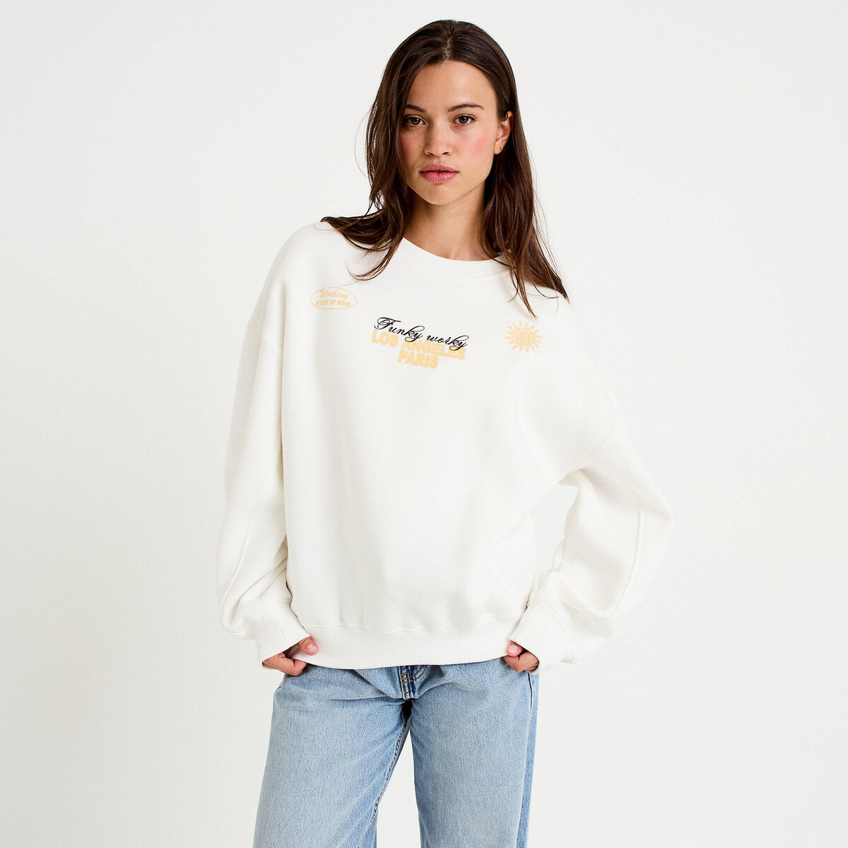 Sweat col rond manches longues ecru femme