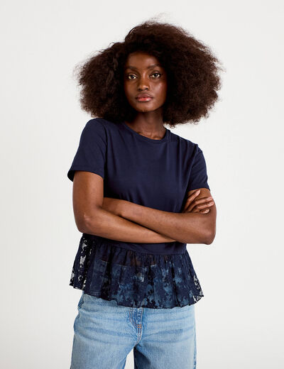 T-shirt manches courtes en dentelle bleu marine femme