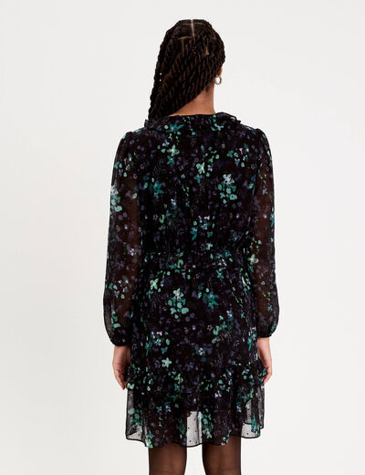 Robe courte &eacute;vas&eacute;e col V manches longues noir femme