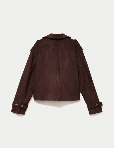 Trench droit manches longues aspect daim marron chocolat femme