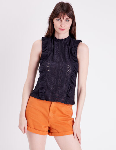 Blouse brodée avec volants noir femme