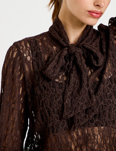 Blouse droite col montant dentelle marron fonc&eacute; femme