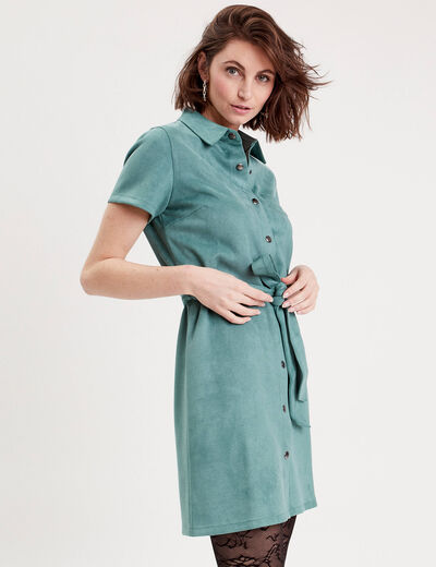 Robe suédine droite ceinturée vert foncé femme