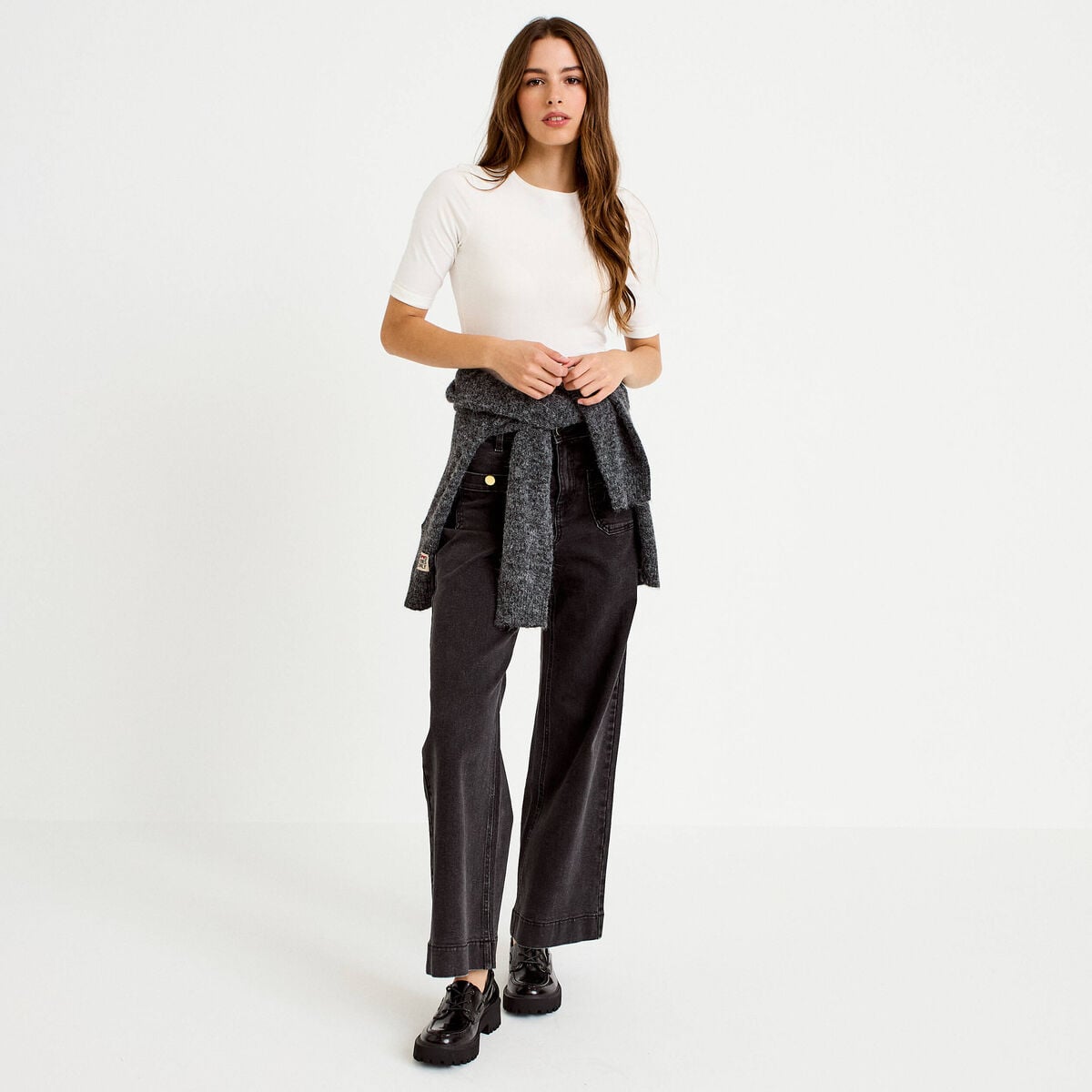 Jean wide leg cropped taille haute denim noir femme