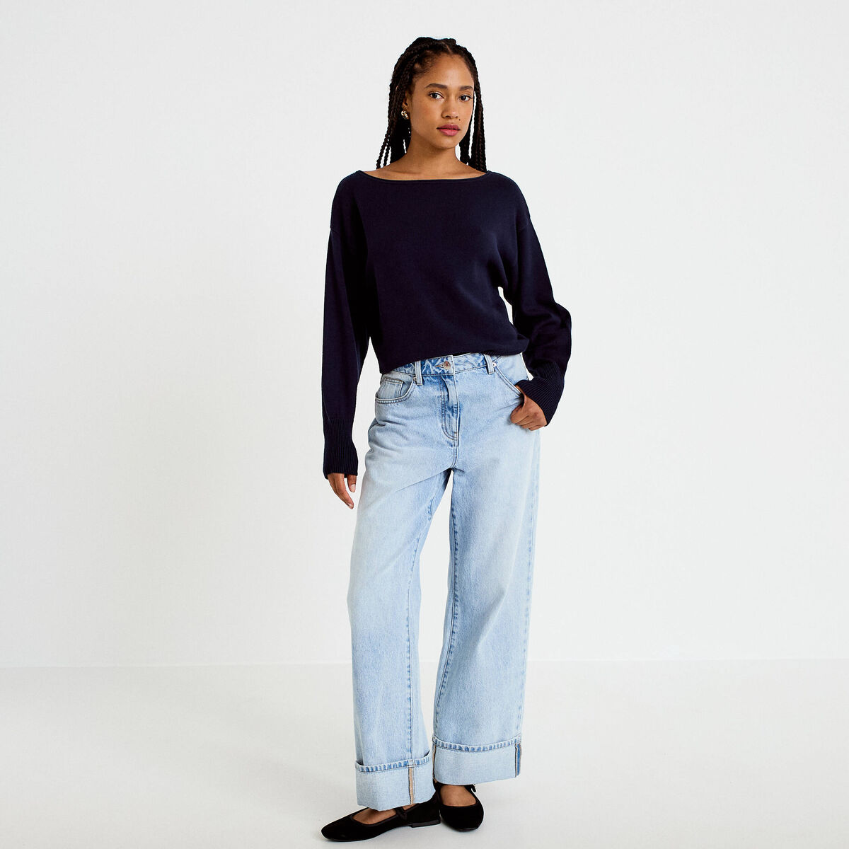 Pull oversize col bateau manches longues bleu marine femme