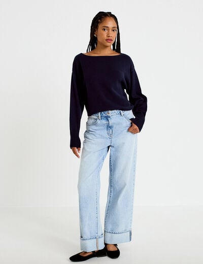 Pull oversize col bateau manches longues bleu marine femme