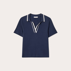 Polo côtelé manches courtes bleu marine femme