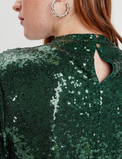 T-shirt sequins col montant vert foncé femme