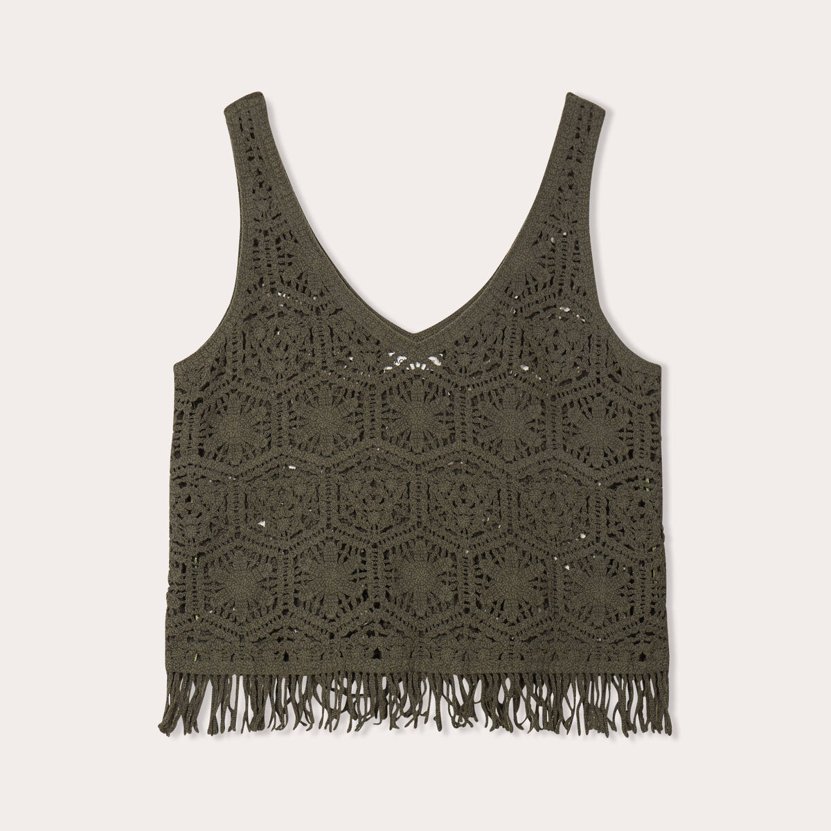 Débardeur macramé franges vert foncé femme